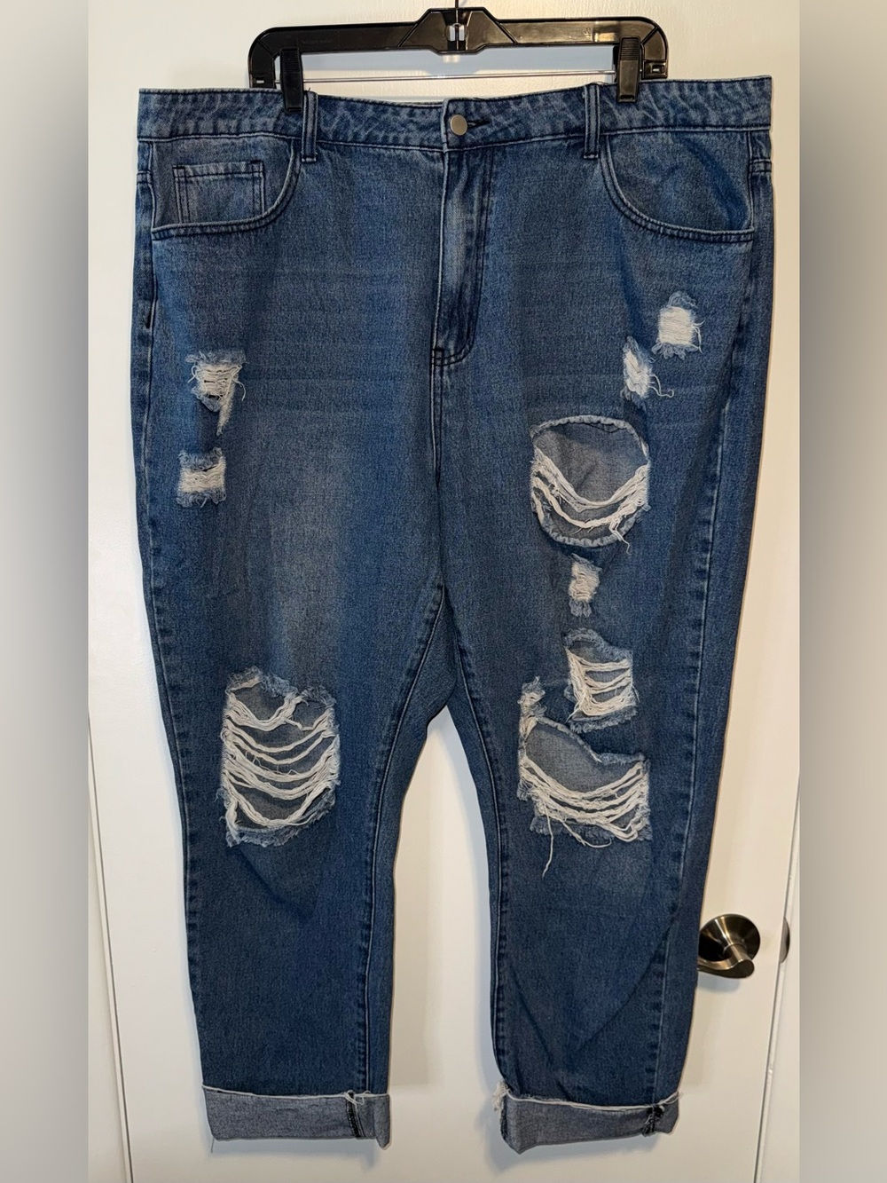 SHEINCurve Dark Blue Distressed Boyfriend Jeans